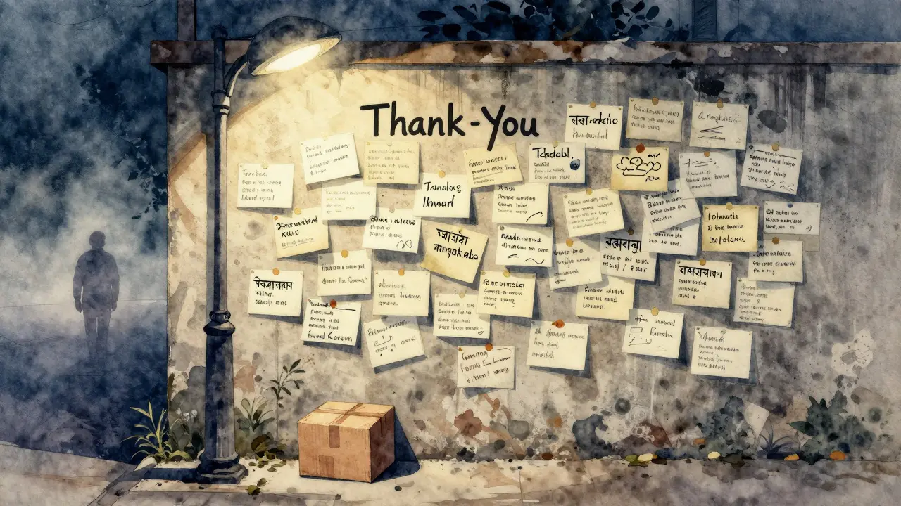 A wall covered in handwritten thank-you notes from migrant workers, with a food box at its base under a dim streetlamp.