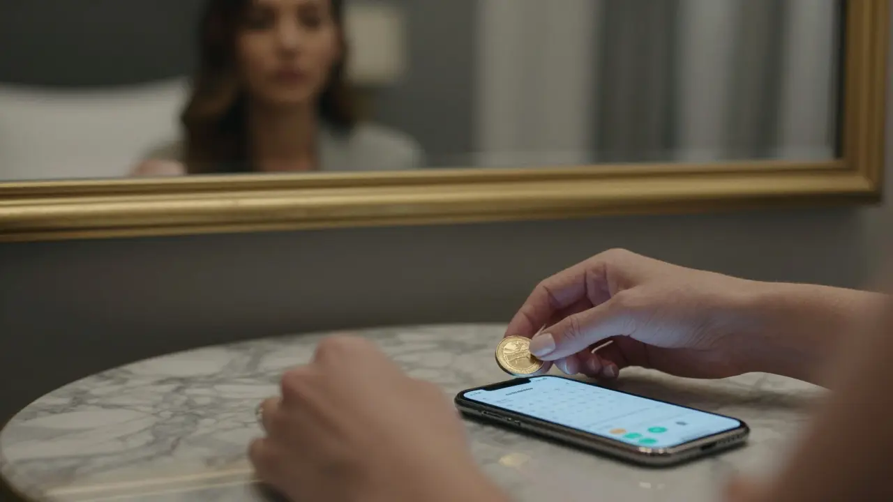 A woman's hands place a coin beside a smartphone showing a Monero wallet and booking calendar in a luxury hotel room.