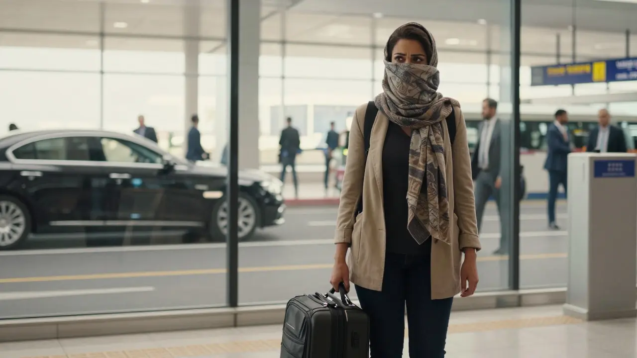 A woman at Dubai airport, alone with her bag, face half-hidden, reflecting a life of secrecy.