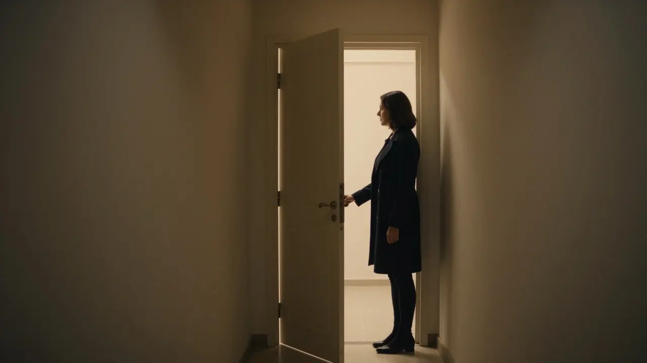 A woman pausing in a Dubai hallway, hand on doorknob, embodying discretion and dignity with no digital traces.