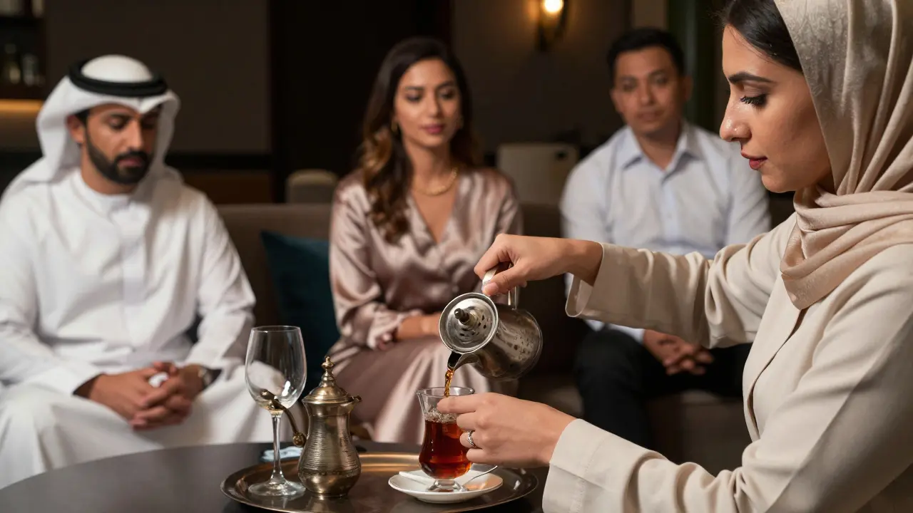 A woman pouring tea in a Dubai lounge, cultural symbols subtly present, respecting diverse guests in the background.