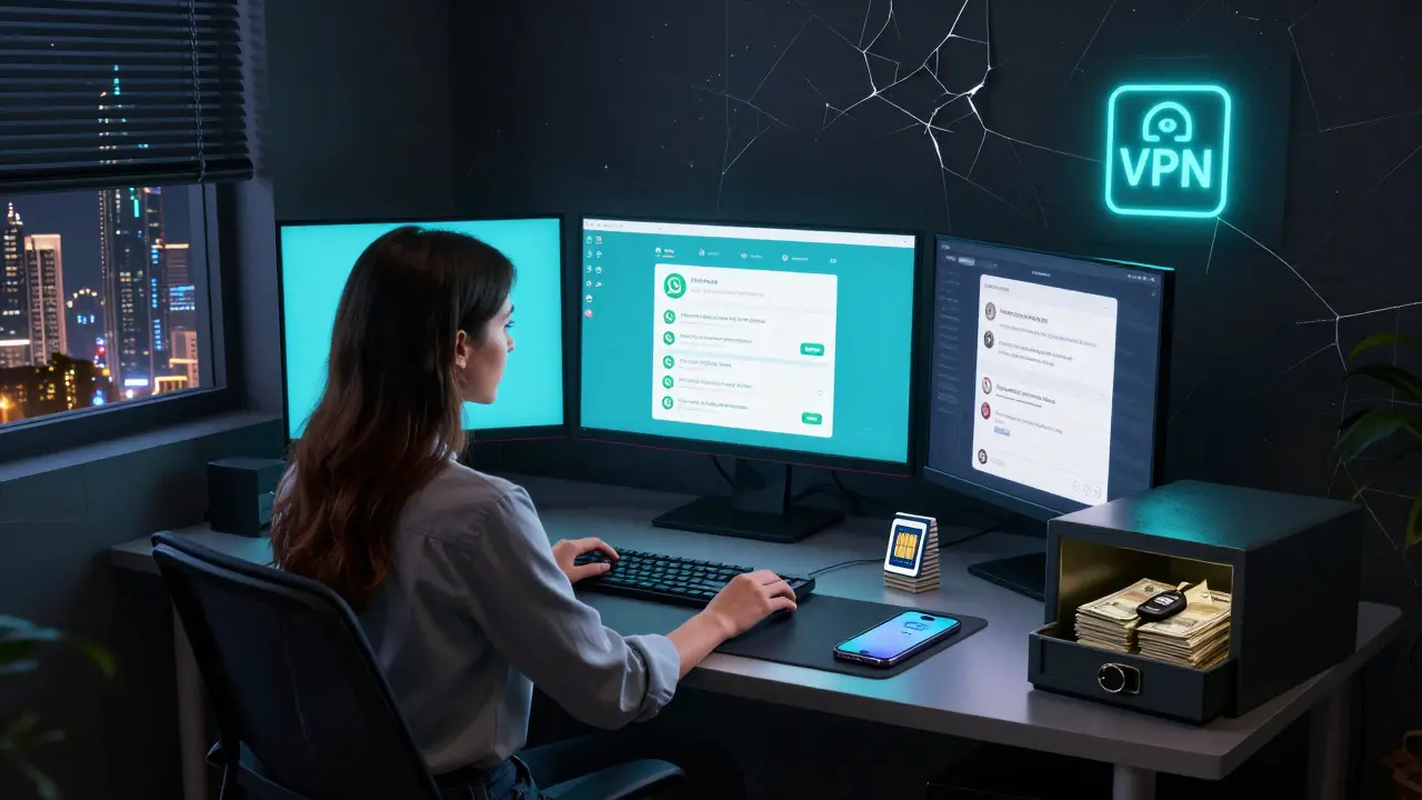 A woman working at a desk in Dubai with multiple glowing screens showing crypto, messaging apps, and SIM cards nearby.
