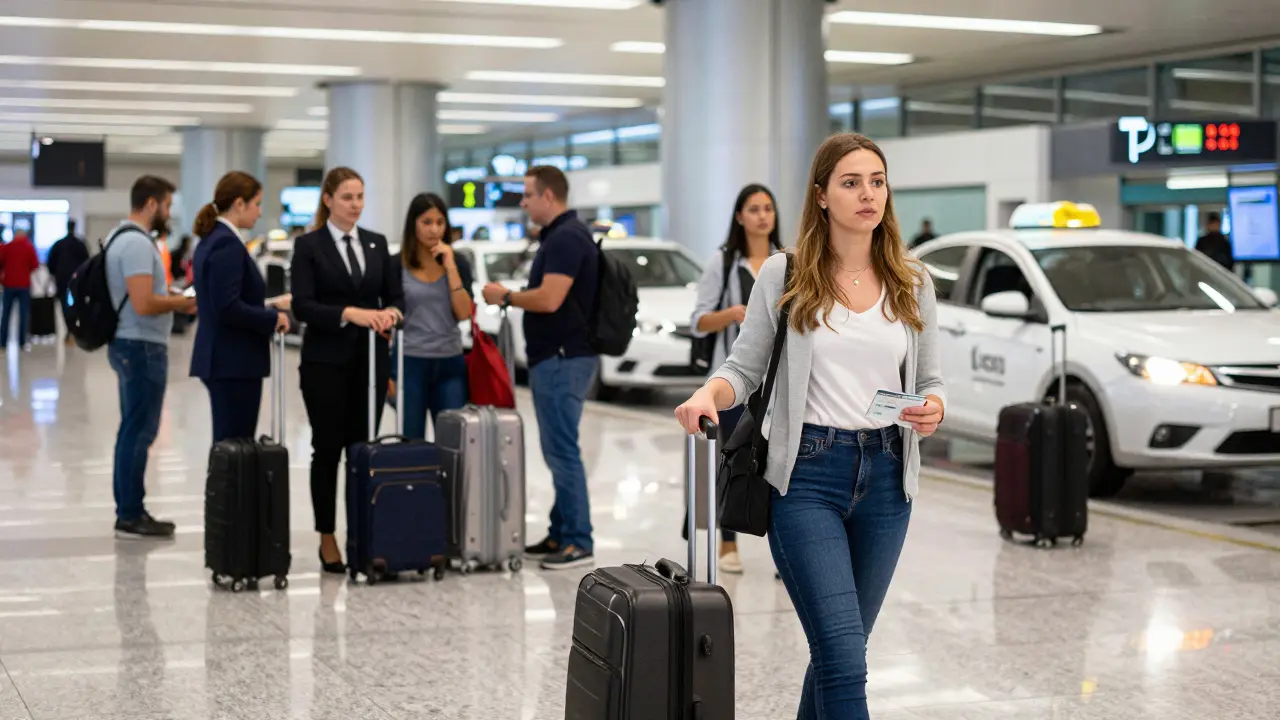 A young woman walking through Dubai airport arrivals, clutching her suitcase as diverse travelers surround her.