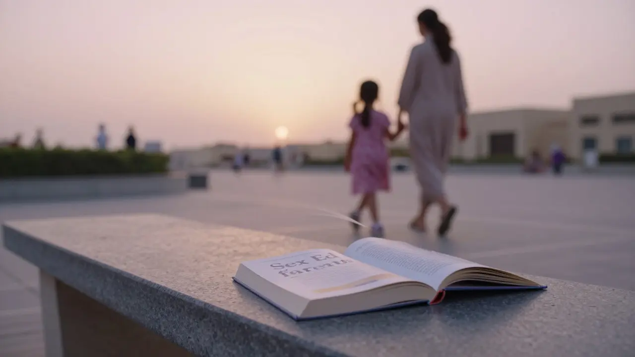 An open book on sexual education left on a bench in Dubai, with a mother and daughter walking away in the distance at sunrise.