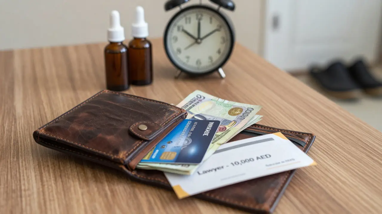 An open wallet reveals cash, a crypto card, and an emergency fund envelope beside massage oils and a clock showing late night hours.