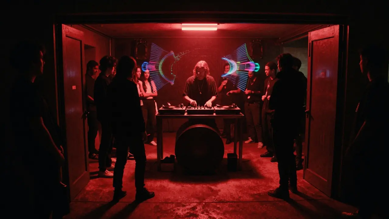 An underground techno club with dim lighting, vinyl turntables, and a focused DJ surrounded by silent dancers.