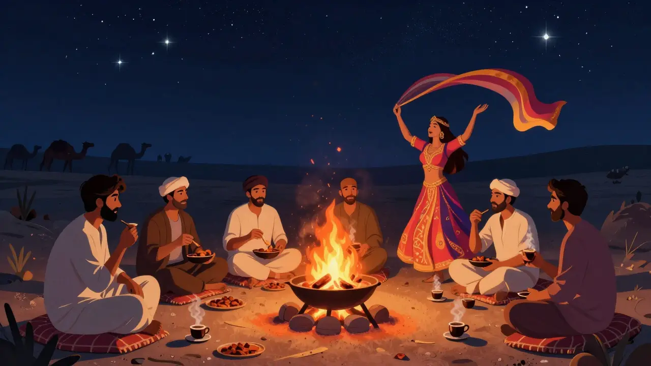 Bachelor party group enjoying BBQ dinner around a bonfire under a starry desert sky, with belly dancer and camel silhouettes in background.