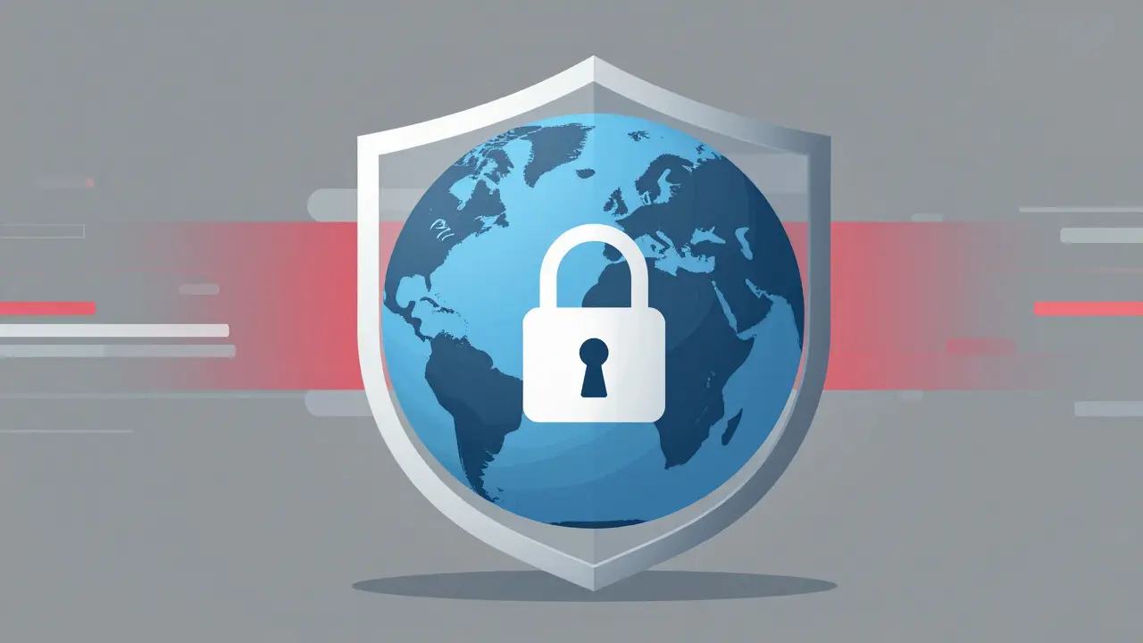 Conceptual illustration of globe with digital shield representing restrictions.