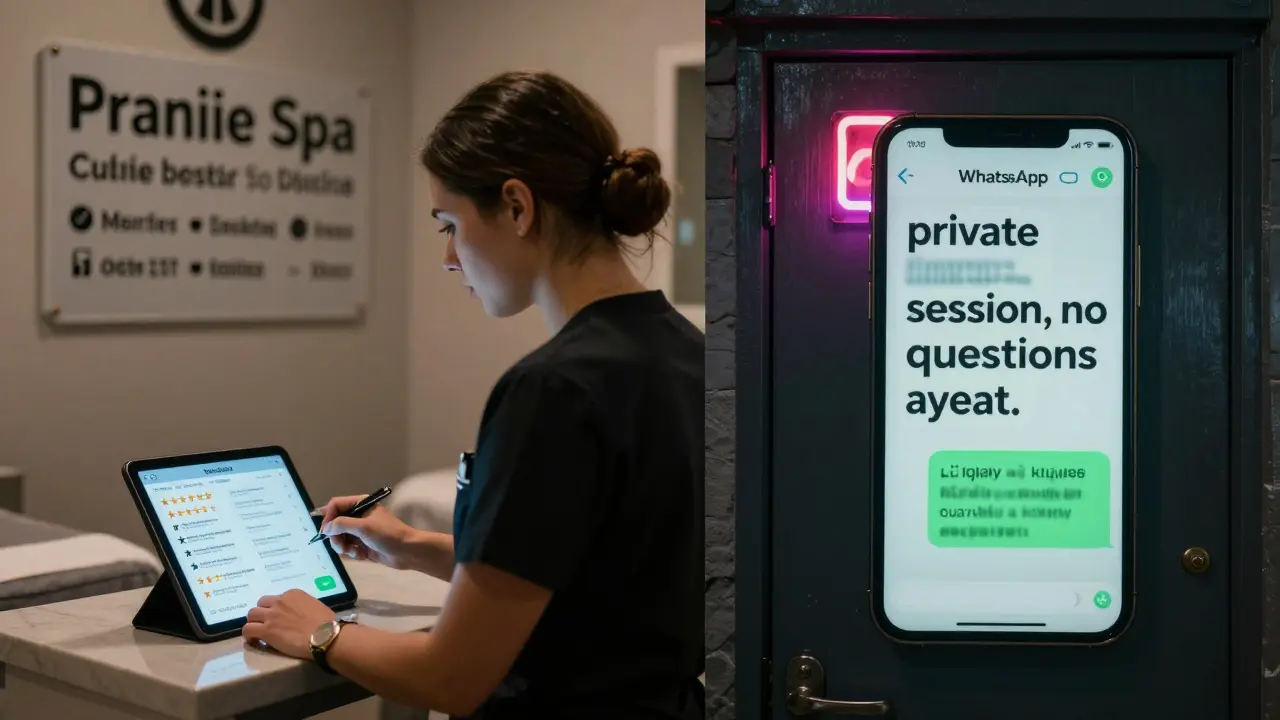 Contrast between a legitimate spa with verified reviews and a shady back-alley operation with WhatsApp messages hinting at illegal services.