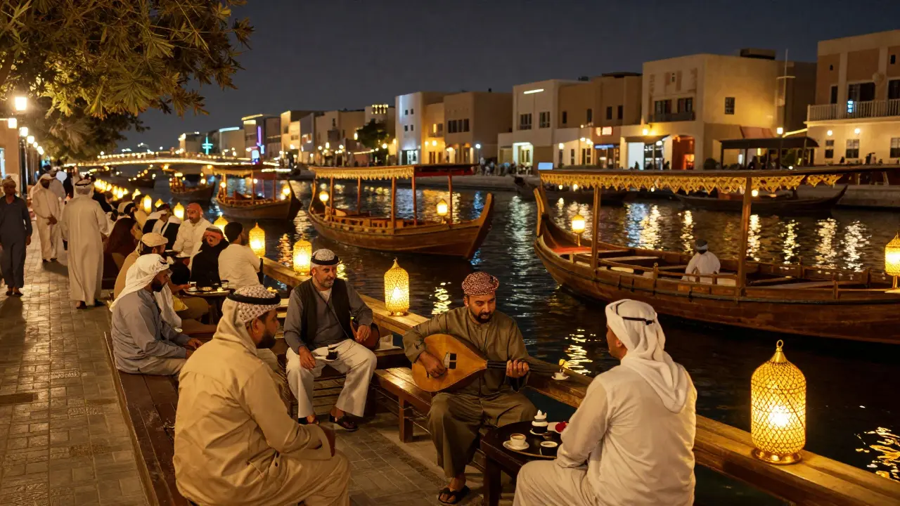 Cozy night at Al Seef promenade with lit dhows and locals drinking coffee by the creek.