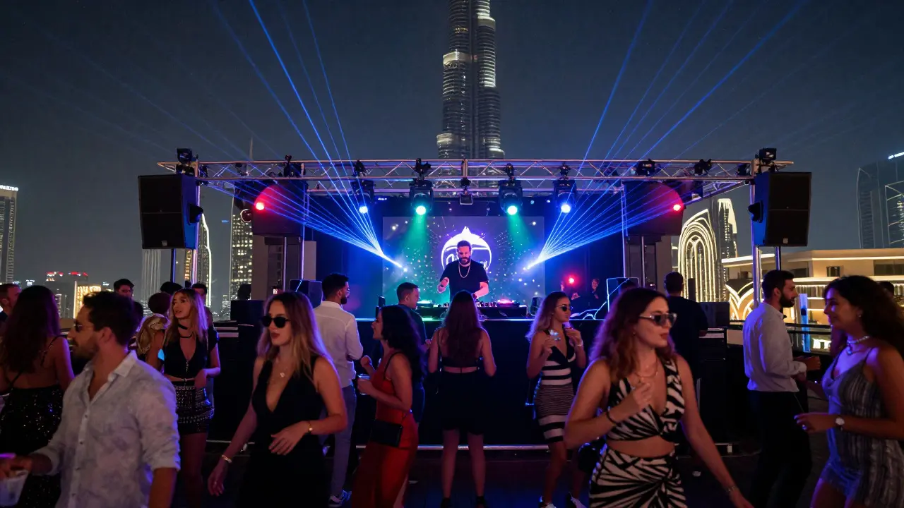Crowd dancing under neon lights at Cielo Dubai nightclub with Burj Khalifa glowing in the background.