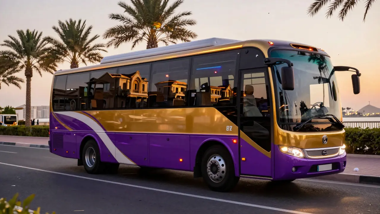 Custom party bus with neon lights parked on a boulevard.