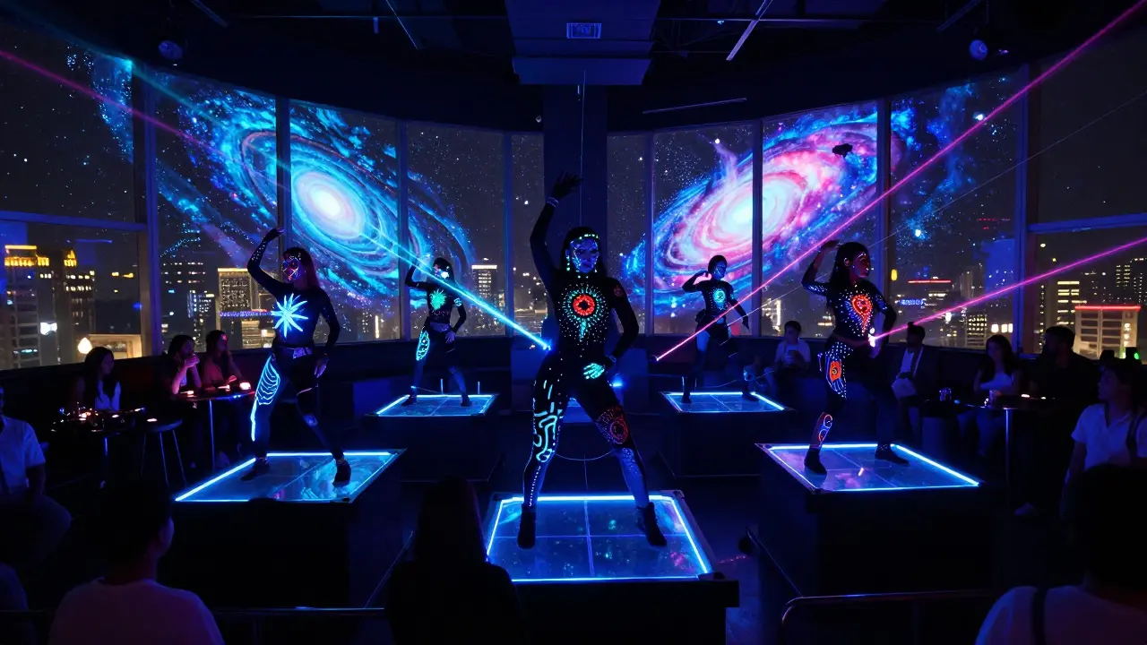 Dancers in glowing costumes perform above a neon-lit crowd under projected galaxies in a cyberpunk-themed Dubai nightclub.