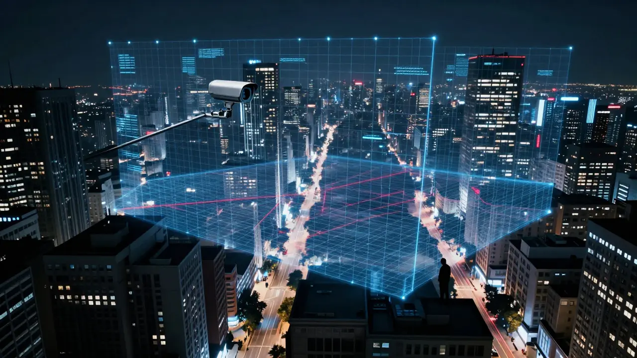 Digital surveillance grid over nighttime city streets.