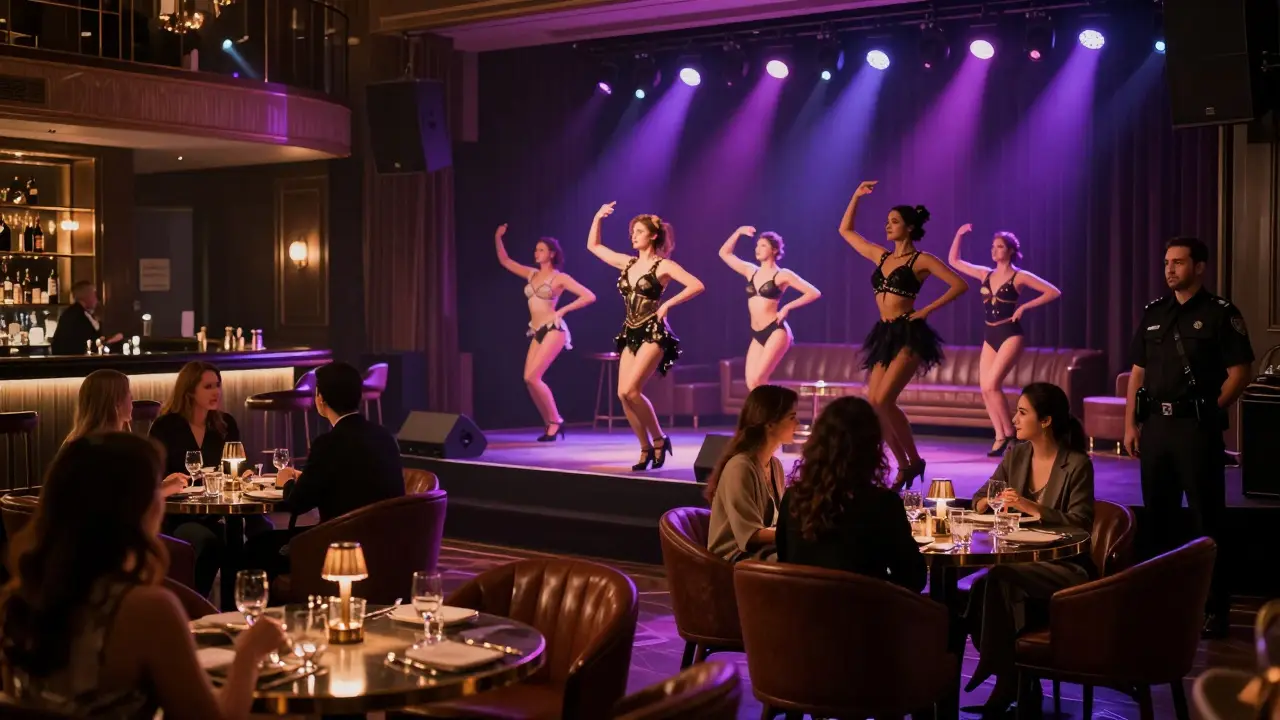 Dimly lit lounge interior with stage performance and security guard watching.