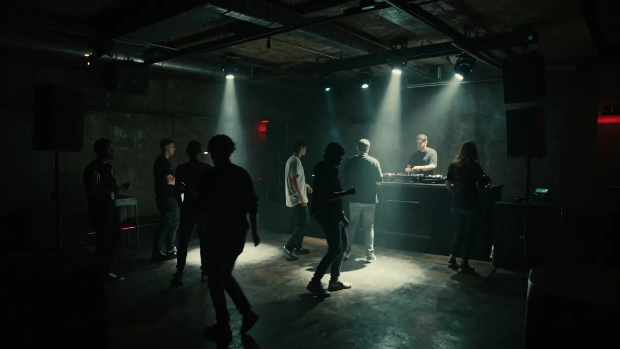Dimly lit underground club interior featuring DJ booth and atmospheric fog.