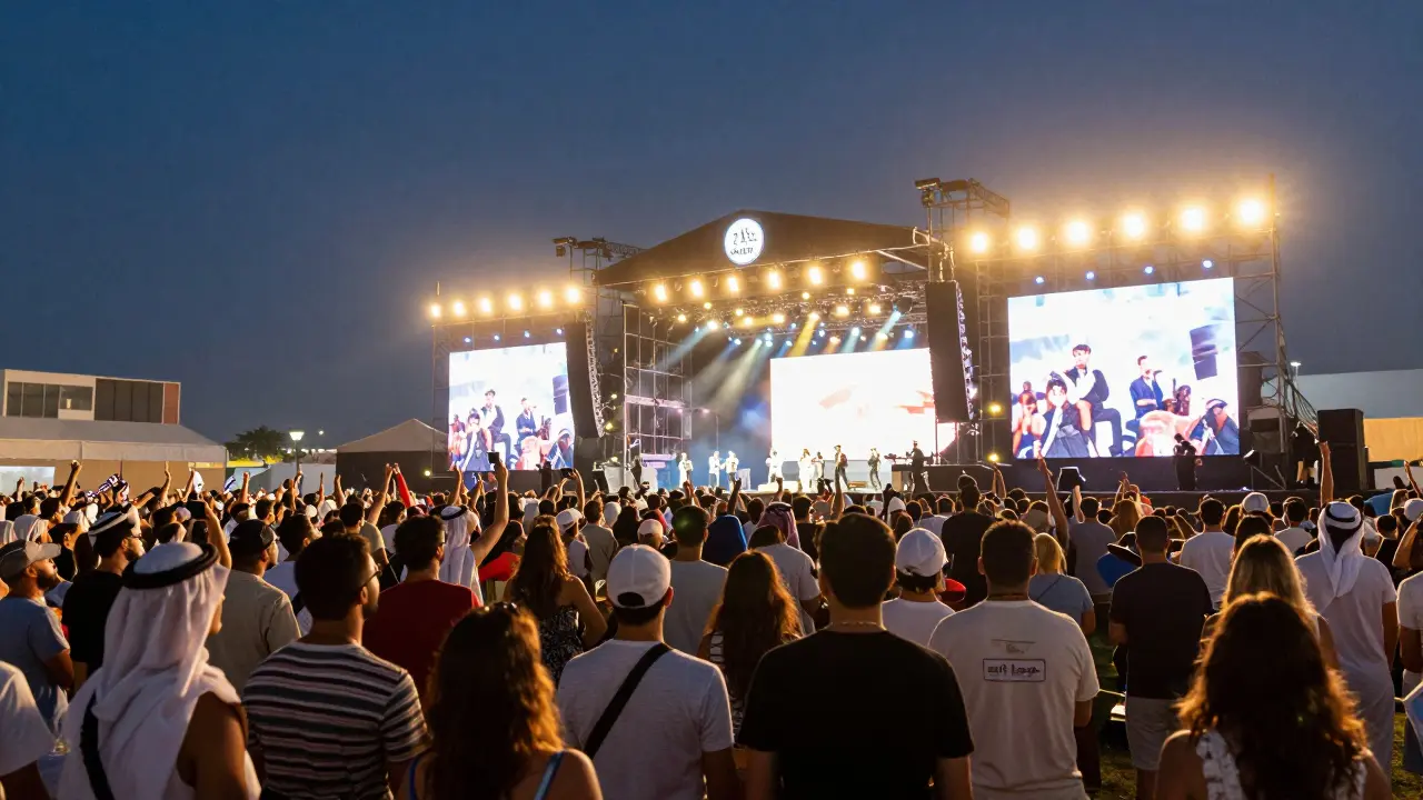 Diverse crowd enjoying live music concert at outdoor venue in Dubai.