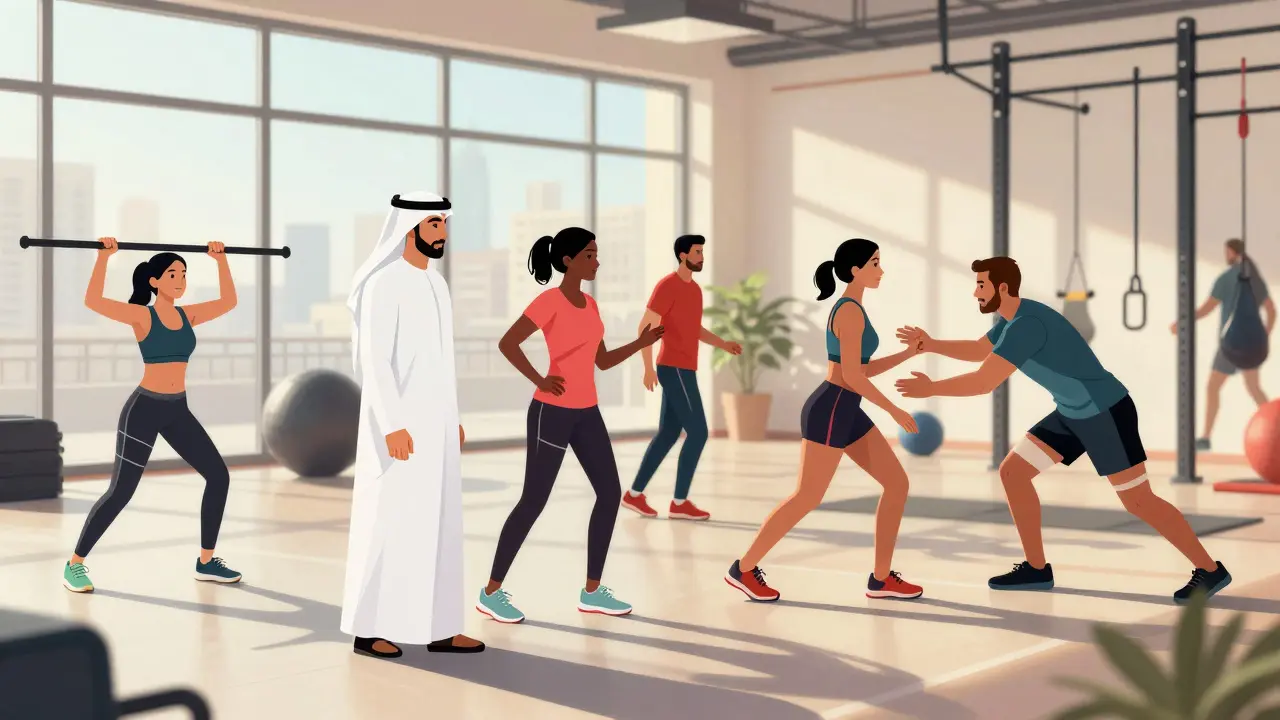 Diverse group of athletes training together in a Dubai gym, moving in sync without physical intimacy beyond supportive gestures.