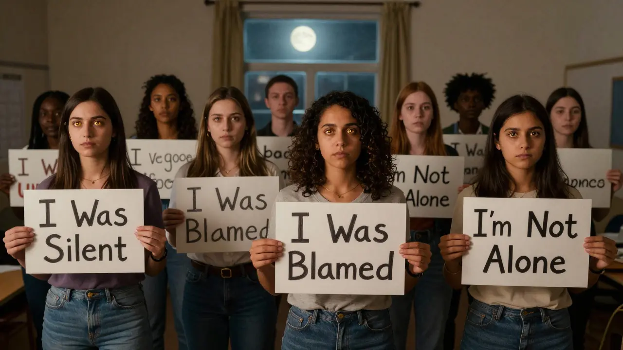 Diverse women standing together in a dim room, holding signs about silence and solidarity.