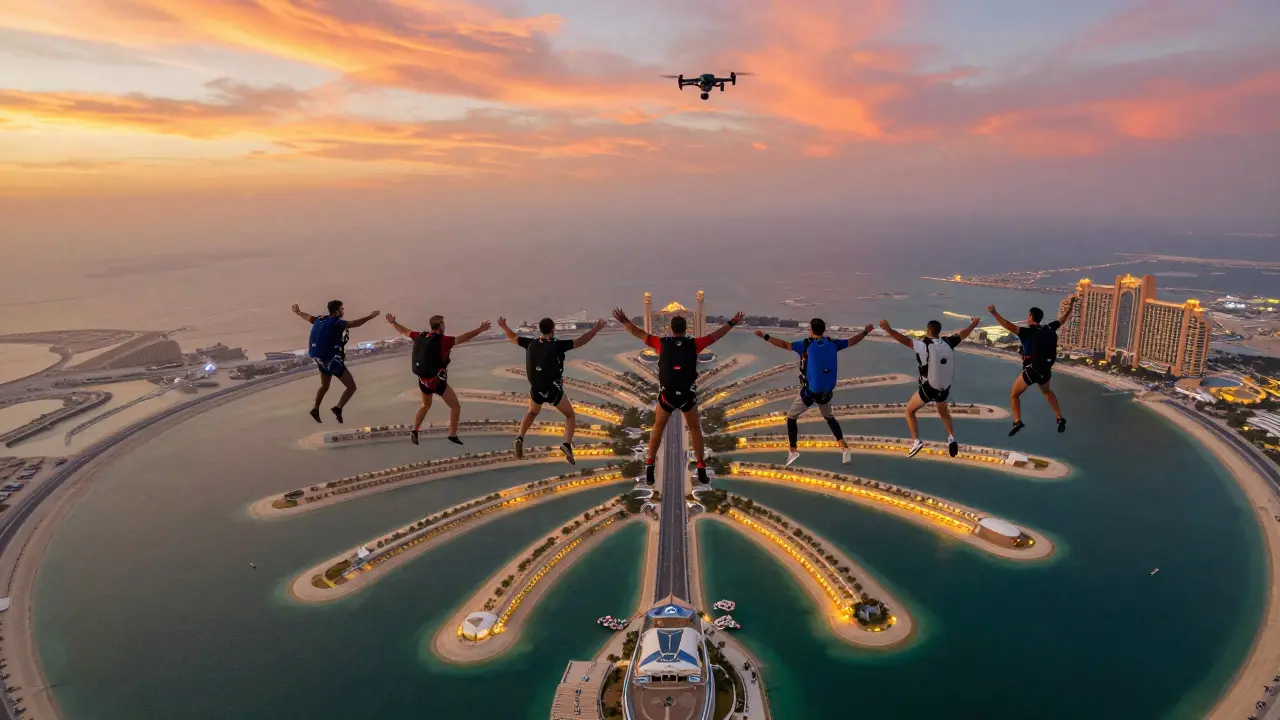 Eight people skydiving in formation over Dubai's Palm Jumeirah at sunset, with the Atlantis hotel and ocean below.
