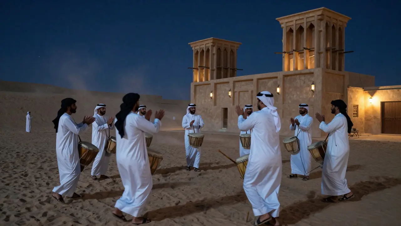 Emirati men performing the traditional al ard dance with clapping canes under starry skies.