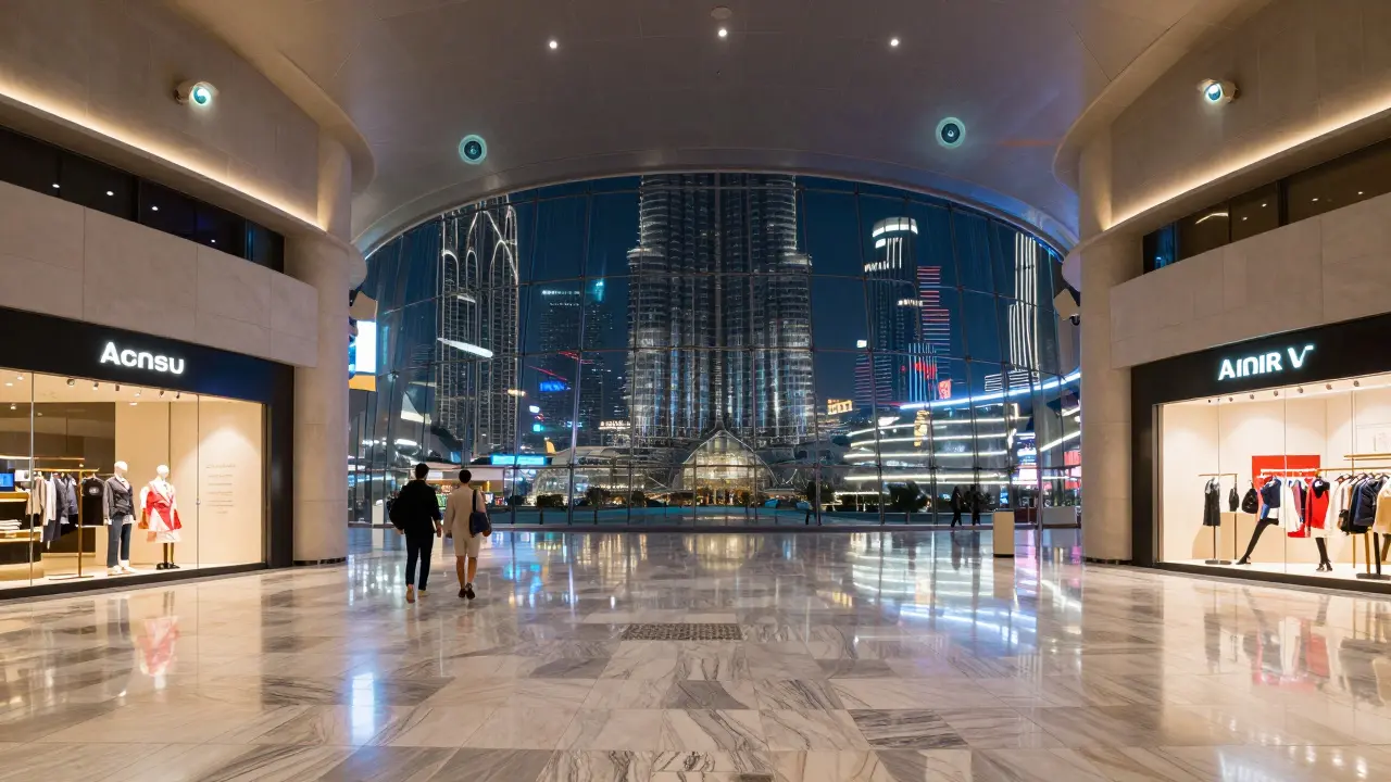 Empty Dubai Mall at night with performers walking as if shopping, surveillance cameras glowing faintly.