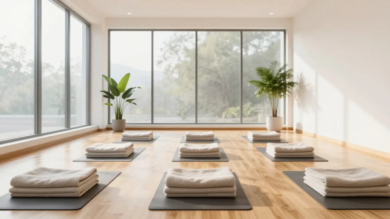 Empty yoga room with folded mats and natural morning light.