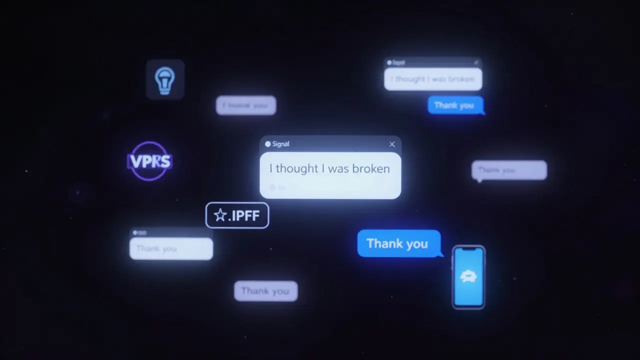 Encrypted messages glowing on a dark screen with Arabic text expressing relief and gratitude, surrounded by digital security symbols.