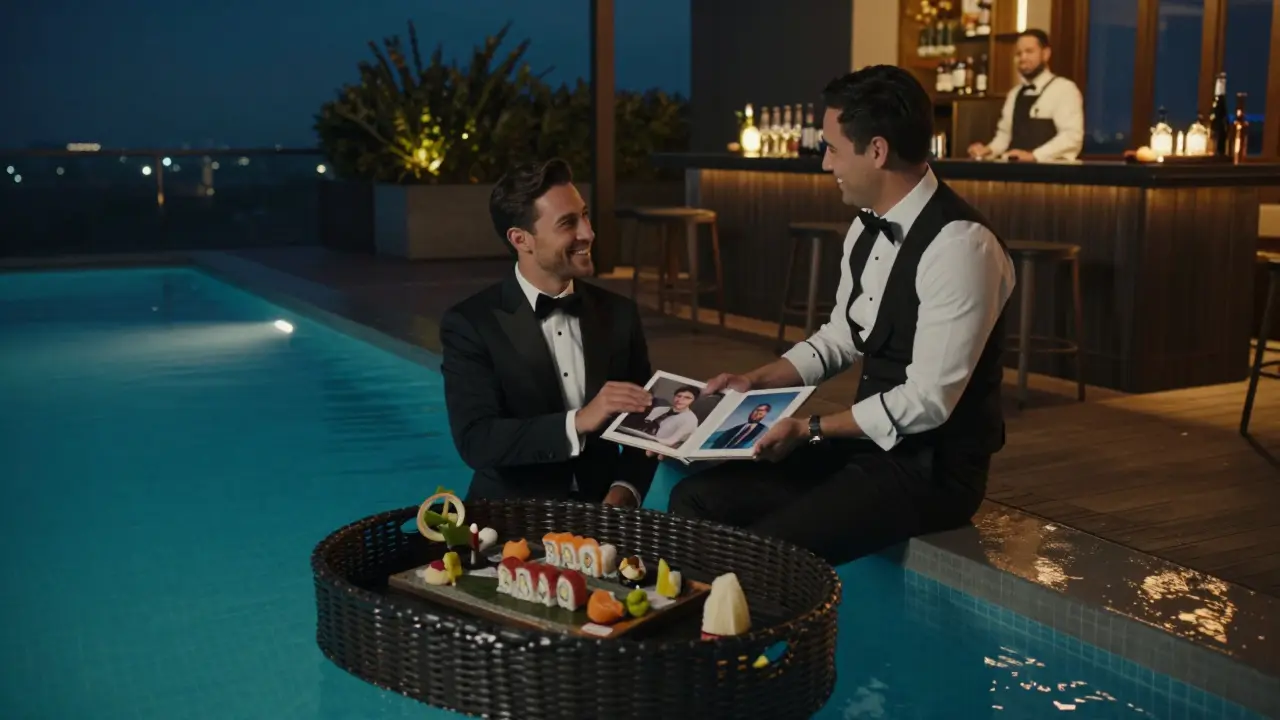 Exclusive rooftop pool with floating sushi and a personalized photo album being handed to a groom at night.
