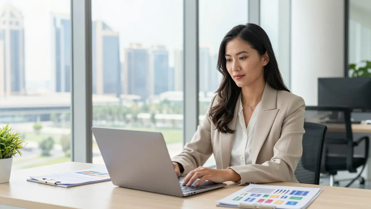Female entrepreneur working in modern office with city view