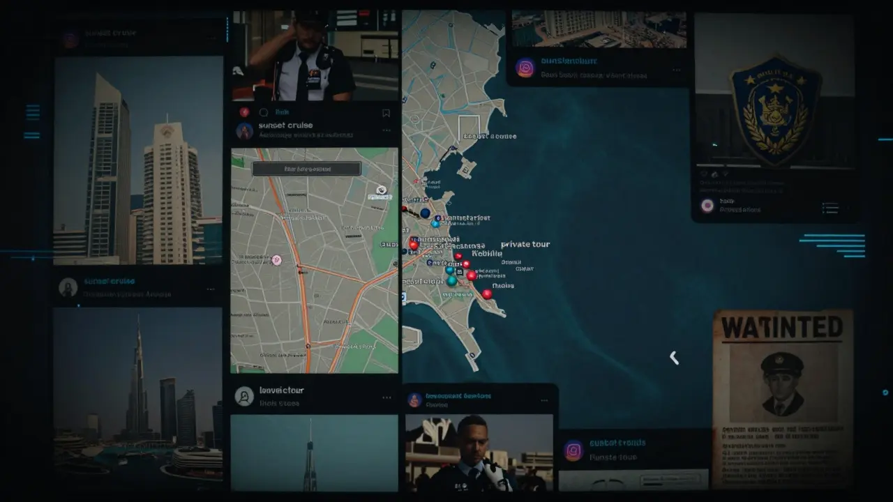 Fragmented social media ads for escort services overlaid with police surveillance symbols.