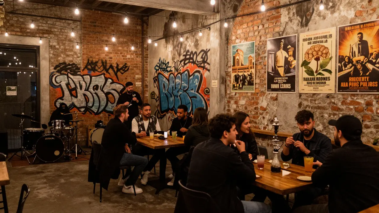 Friends at an underground party in Dubai’s Alserkal Avenue arts district, surrounded by graffiti and string lights.