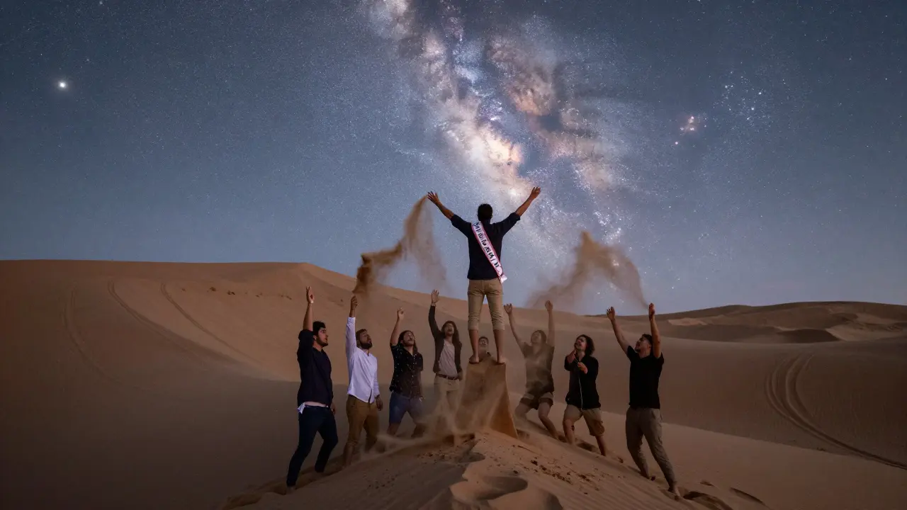 Groom atop a dune at twilight, arms raised as friends cheer below, Milky Way glowing overhead in desert night.