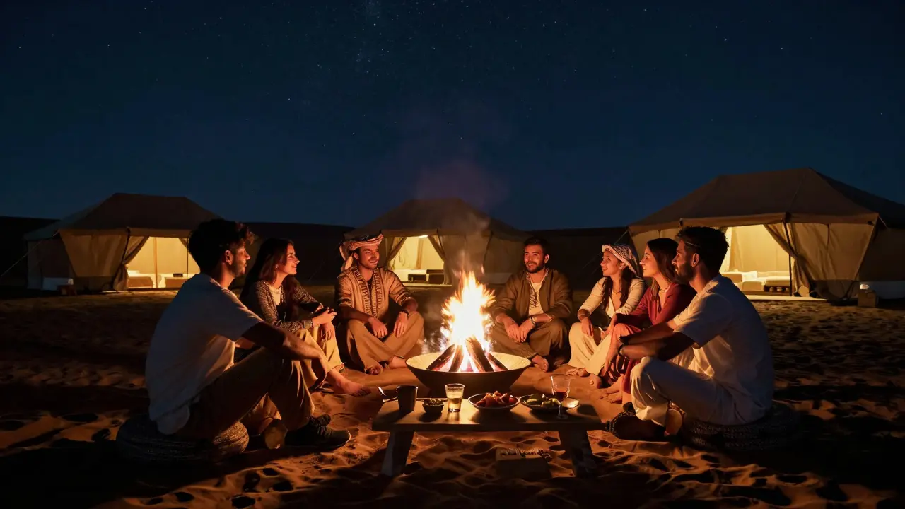 Group sitting around bonfire at private luxury desert camp at night