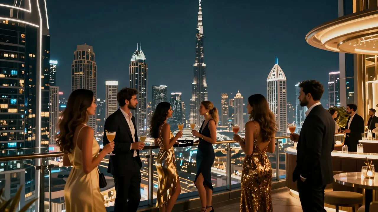 Guests drinking cocktails on rooftop terrace overlooking illuminated city skyline.