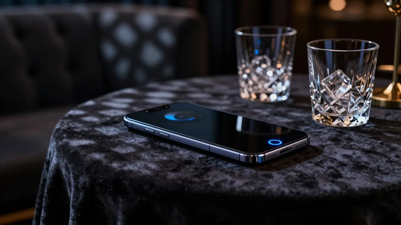 Hand holding phone reflecting club lights without showing the screen