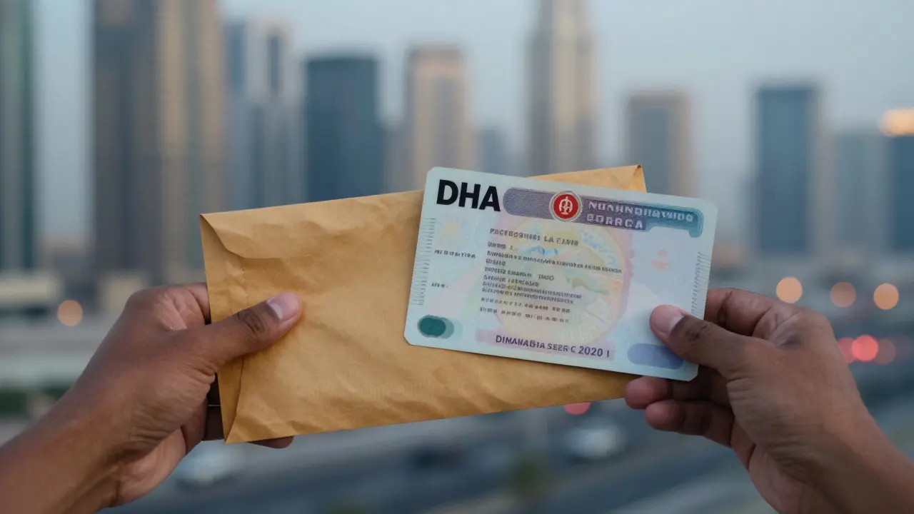 Hands holding cash versus a DHA license certificate, symbolizing the choice between risk and legality in Dubai.