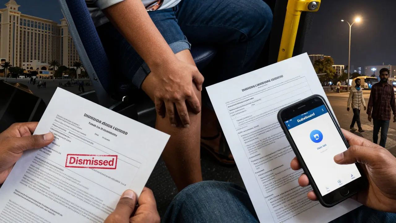 Hands showing harassment, a dismissed police report, and a safety app on a phone.