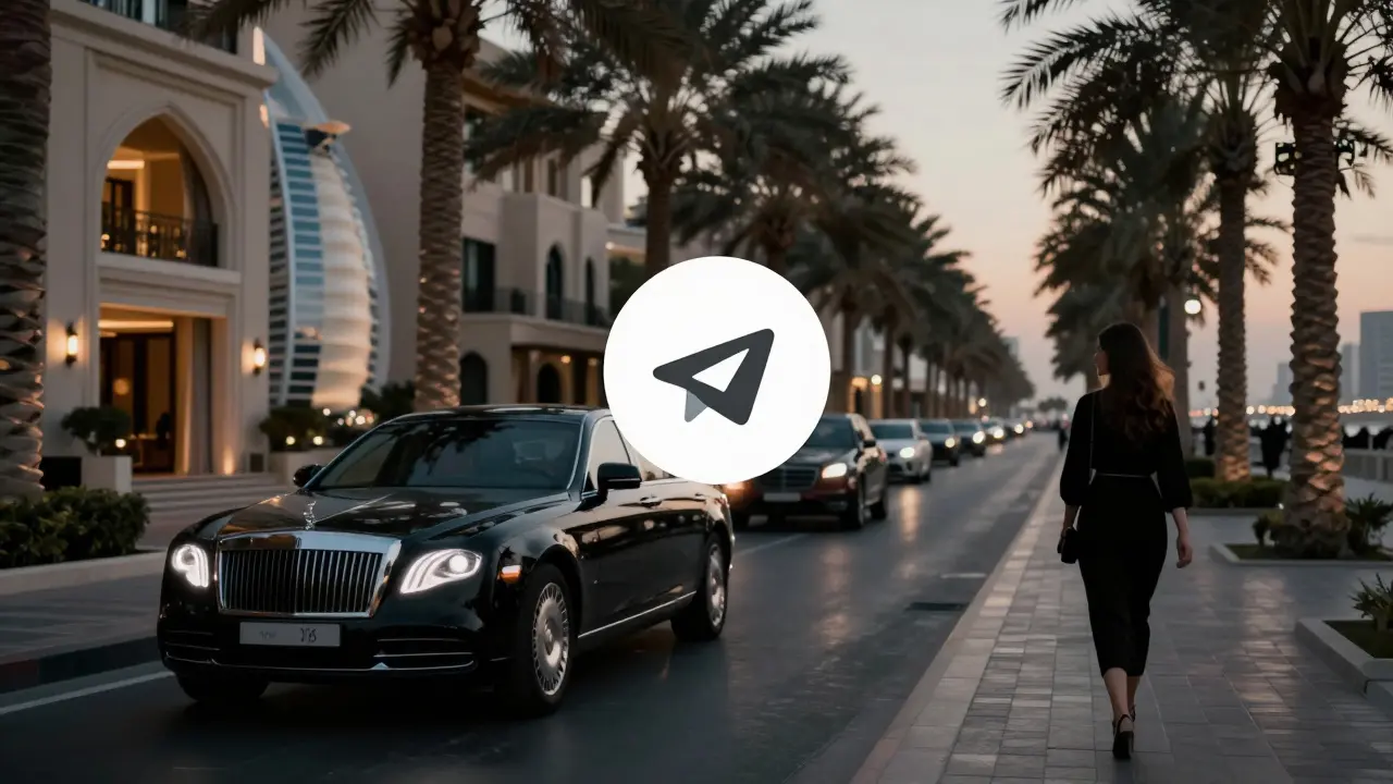 Hidden luxury service network in Dubai: silhouettes of private cars, suites, and quiet exits at dawn.