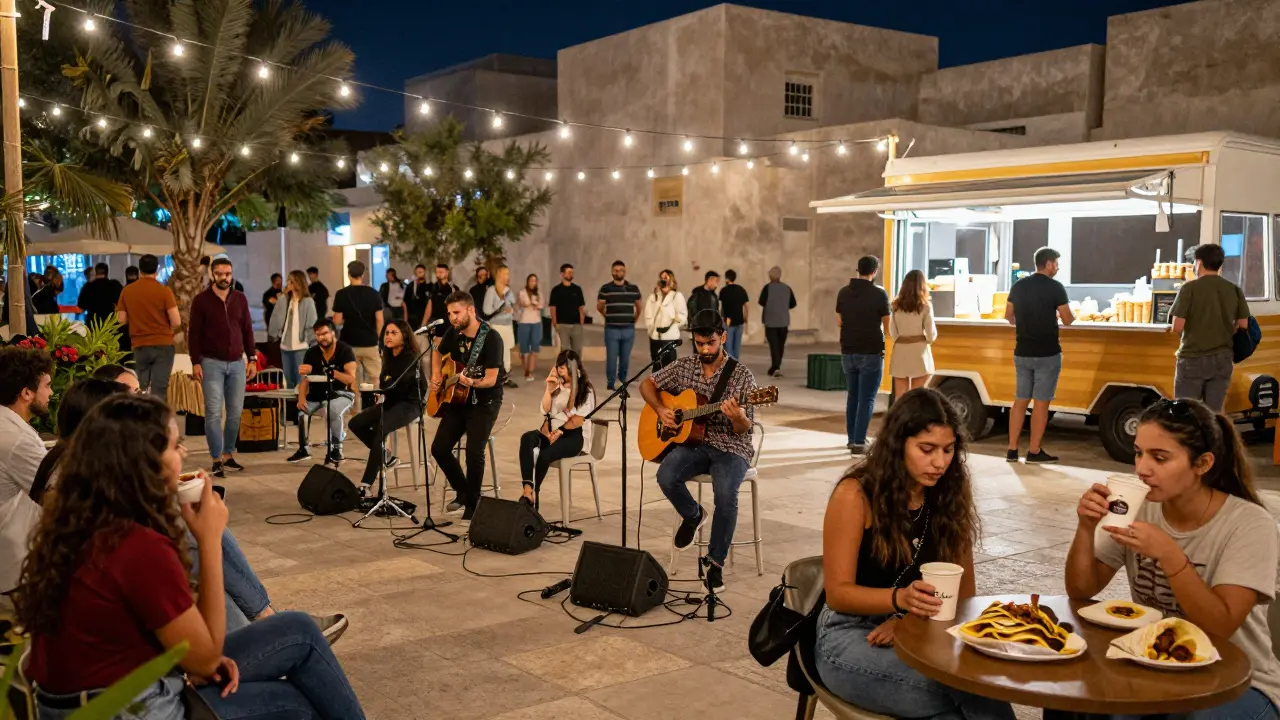 Live acoustic music at Alserkal Avenue courtyard with small crowd and food trucks.