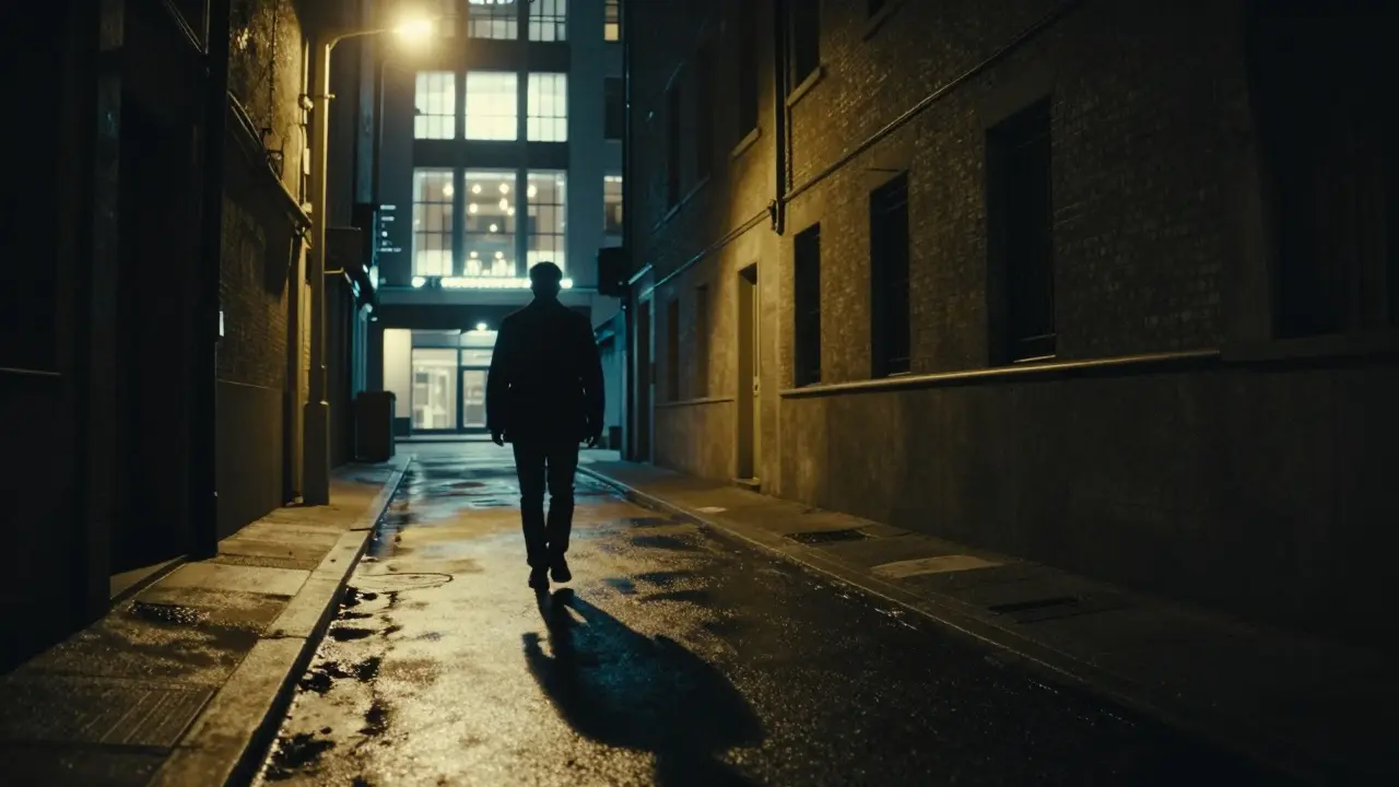 Lone figure walking from dark alley toward bright building in city.