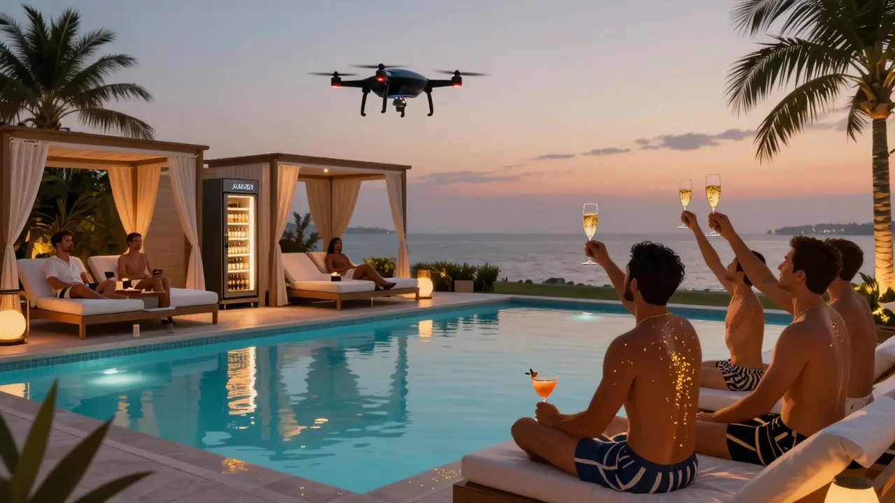 Luxury pool cabanas with drone photography and gold-flaked cocktails overlooking the Arabian Gulf at dusk.