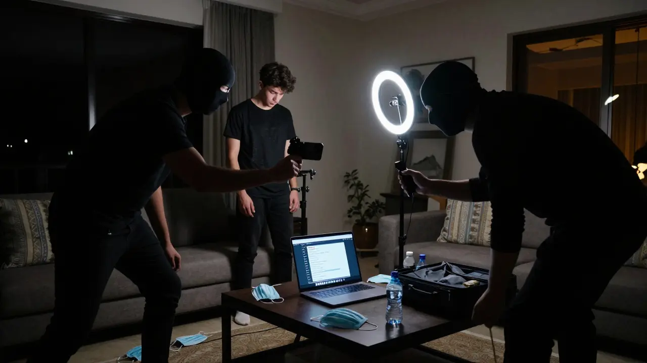 Masked producers setting up a hidden camera in a Dubai villa while a performer stands silently in the corner.