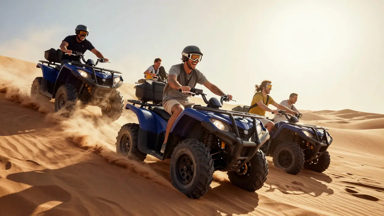 Men riding quad bikes across steep sand dunes during golden hour