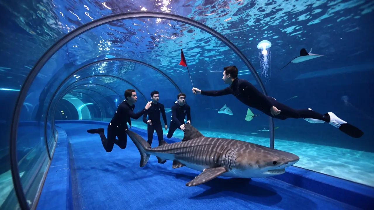 Men swimming through an underwater tunnel at Dubai Aquarium, surrounded by sharks and marine life while retrieving a flag.