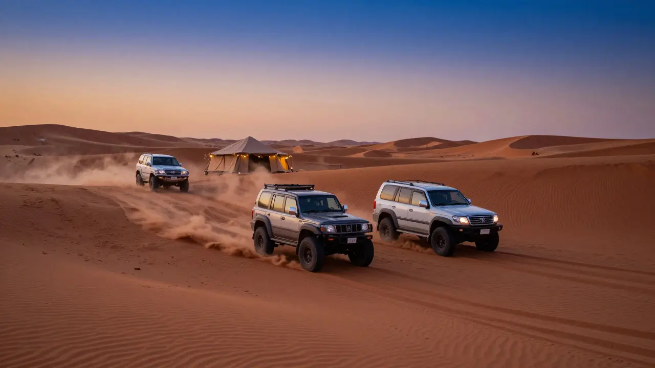 Off-road vehicles driving over golden desert sand dunes at sunset.