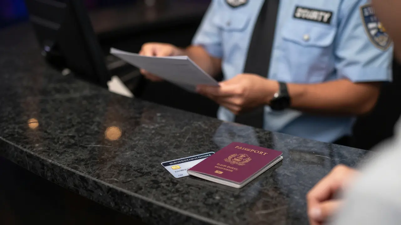 Passport and credit card on reception desk with security background.