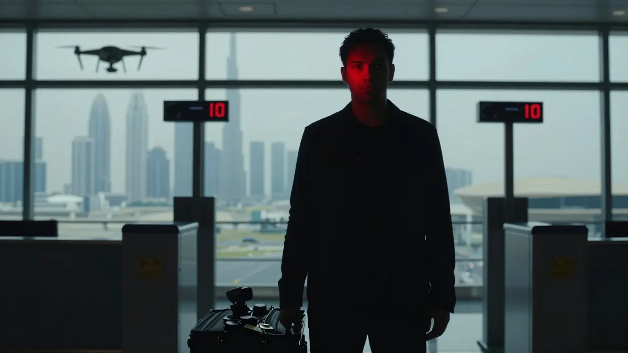 Person at airport checkpoint with hidden filming equipment, facial recognition scanners casting red light.