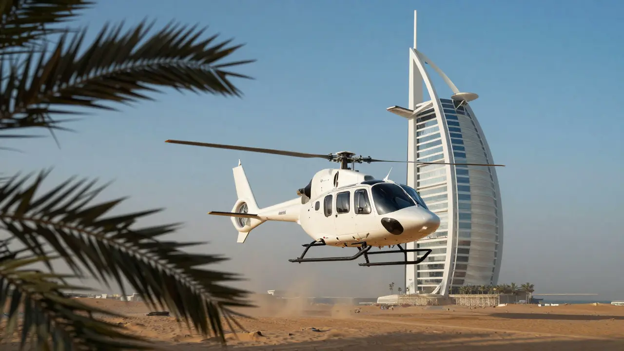 Private helicopter hovering near the Burj Al Arab tower.