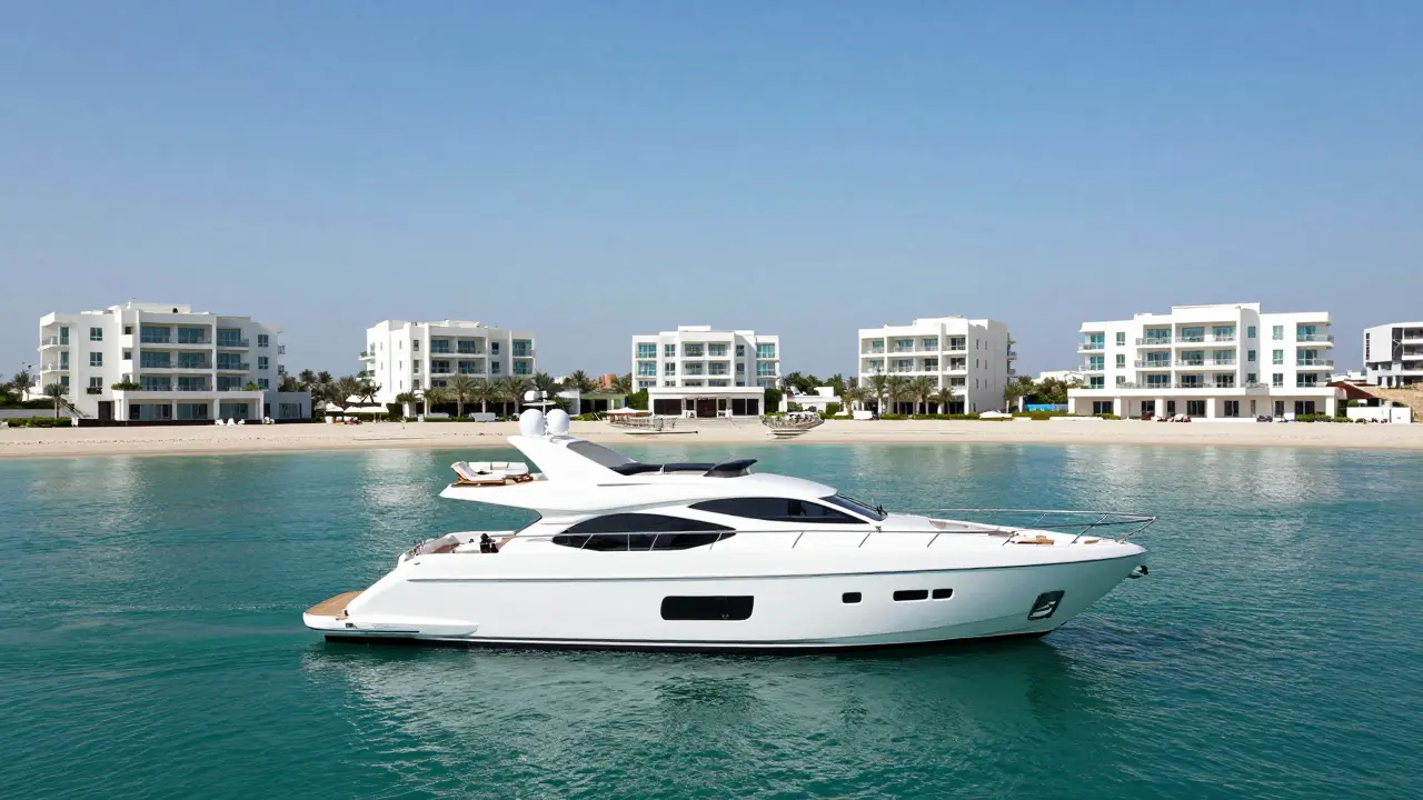 Private white yacht anchored near palm shaped island waterfront.
